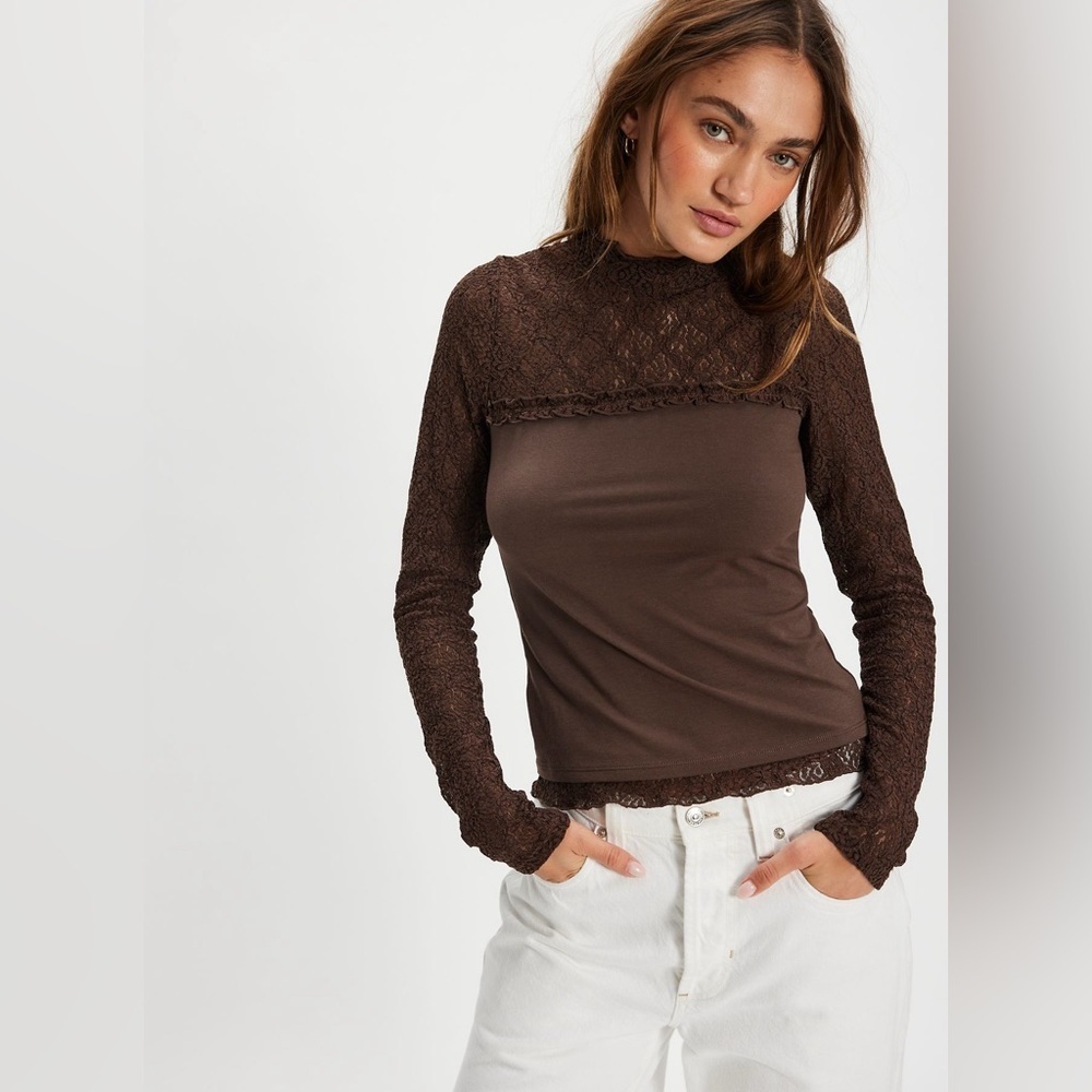 Free People Miya Lace Top in Double Espresso NWT Size XS